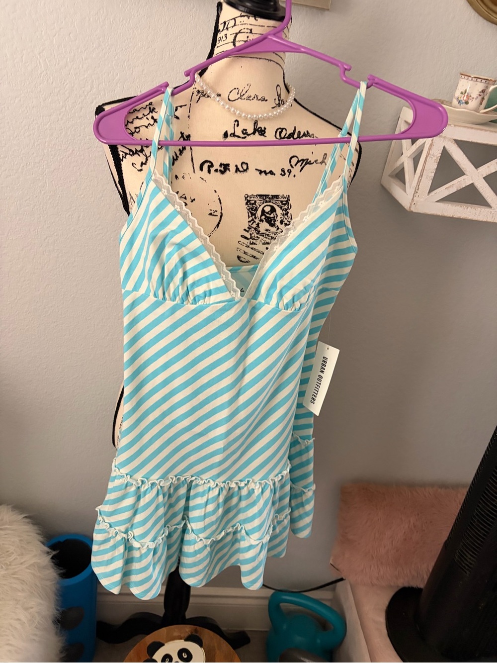 Urban outfitters Striped Aqua & White Lace-Trim dress 👗 🔥🔥🔥🔥